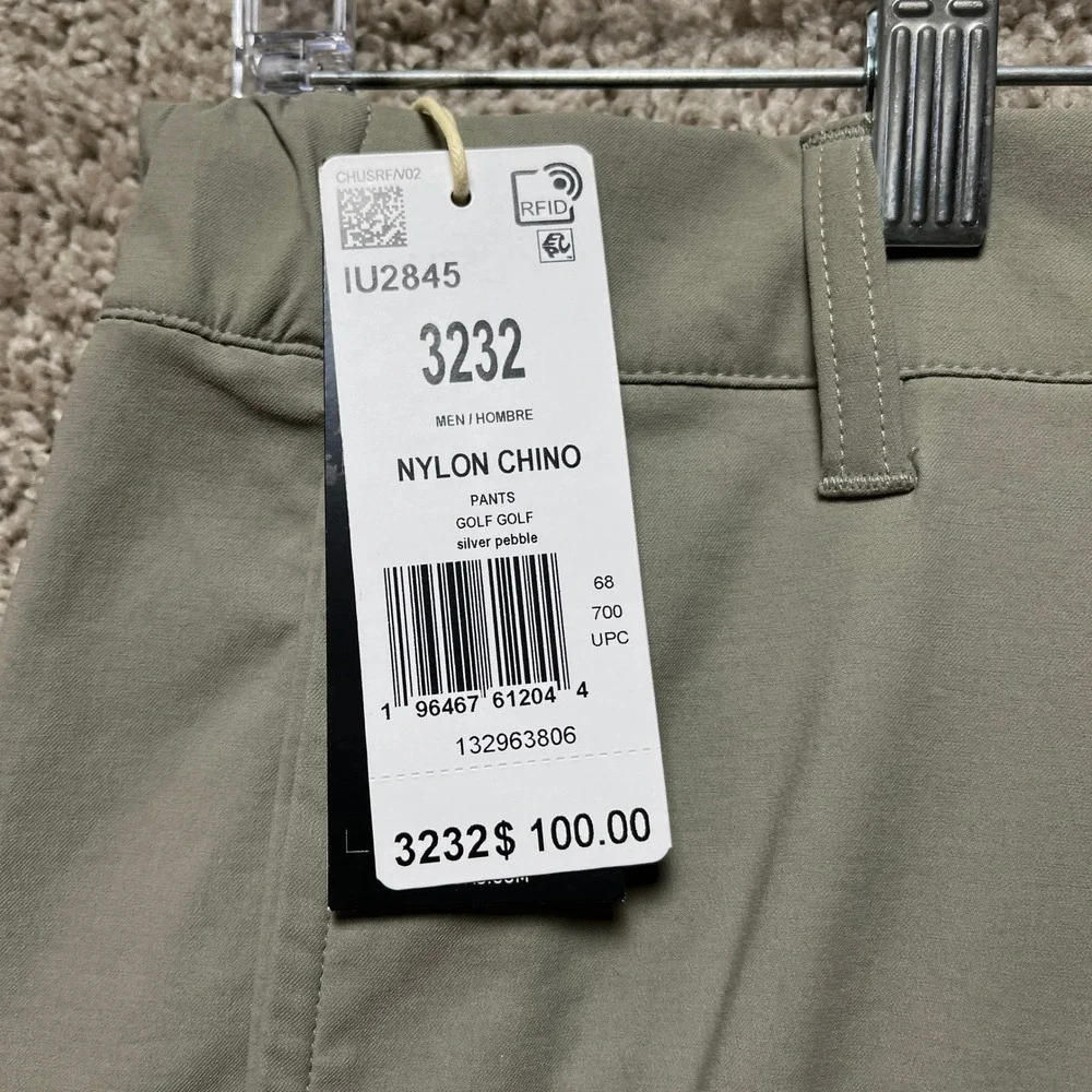 Adidas Nylon Chino Pants Mens 32x32 Olive Green Flat Front Golf 3 Stripes NEW